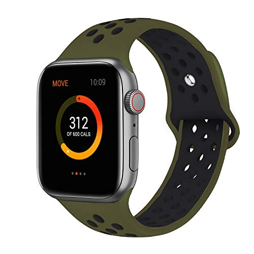 Product Cover SMEECO Compatible with Apple Watch Replacement Band 40mm 38mm Sport Breathable Silicone Wrist Straps Compatible with iWatch Series 5/4/3/2/1(Olive Green/Black,Large)