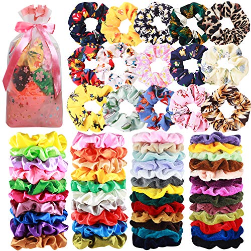 Product Cover 65 Pcs Hair Scrunchies Velvet Hair Scrunchies Silk Scrunchies Chiffon Flower Scrunchies Elastic Hair Ties Ropes Scrunchie for Women or Girls Hair Accessories for Christmas New Year Gift