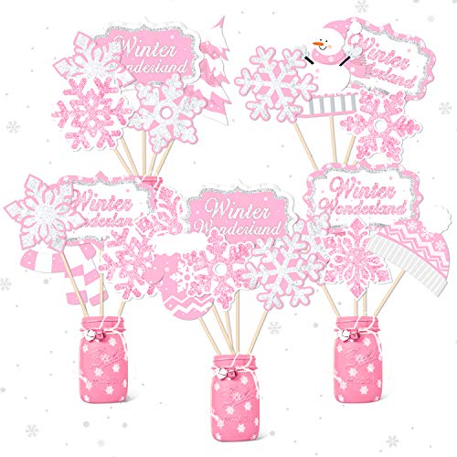Product Cover Pink Snowflake Centerpieces Sticks Pink Winter Wonderland Table Toppers for Winter Onederland 1st Birthday Party Frozen Themed Party Decorations Little Snowflake Baby Shower Winter Wedding Supplies