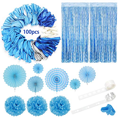 Product Cover Blue Balloons Arch Garland Party Decorations Kit 114 Pack, Boy Baby Shower Balloons Set,Blue Sliver White Balloons + Foil Fringe Curtain + Paper Tissue Flower Pom Poms + Tissue Paper Fans for Birthday