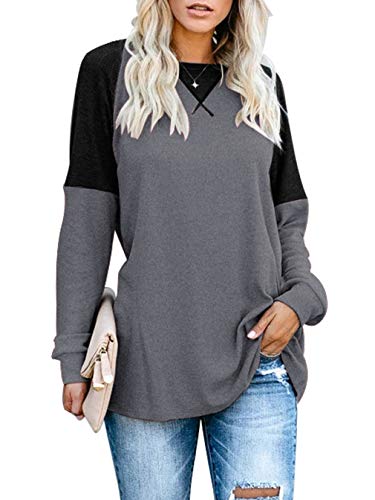 Product Cover Sarin Mathews Womens Tops Long Sleeve Shirt Casual Round Neck Color Block Loose Fit Tunic Tops Blouses Darkgrey S