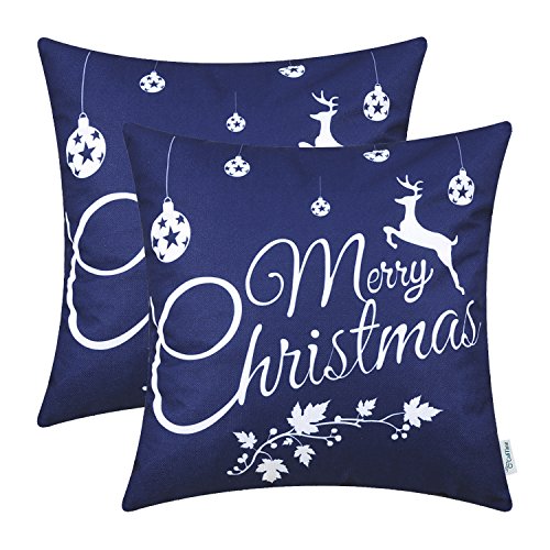 Product Cover CaliTime Pack of 2 Soft Canvas Throw Pillow Covers Cases for Couch Sofa Home Decoration Merry Christmas White Reindeer 16 X 16 Inches Navy Blue