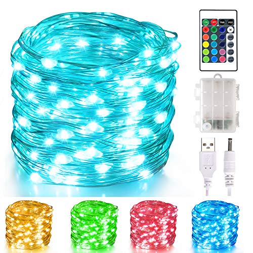 Product Cover Aluan Fairy Lights 100 LED 33 FT Christmas Lights USB & Battery Operated String Lights, 16 Colors Changing Silver Wire Multi Color Fairy Lights with Remote Control for Party Halloween Christmas