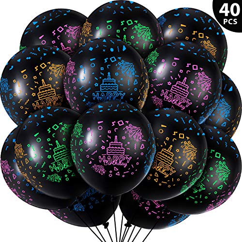 Product Cover 40 Pieces Happy Birthday Neon Balloons Black Latex Balloons for Neon Birthday Glow Theme Party Decoration, 12 Inches