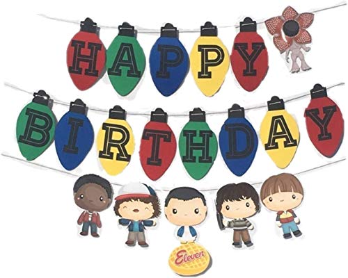 Product Cover Vercico Birthday Party Banner for Eleven Things Themed Party Supplies Happy Birthday Banner Joyce Byers Lights Shaped Bunting Banner