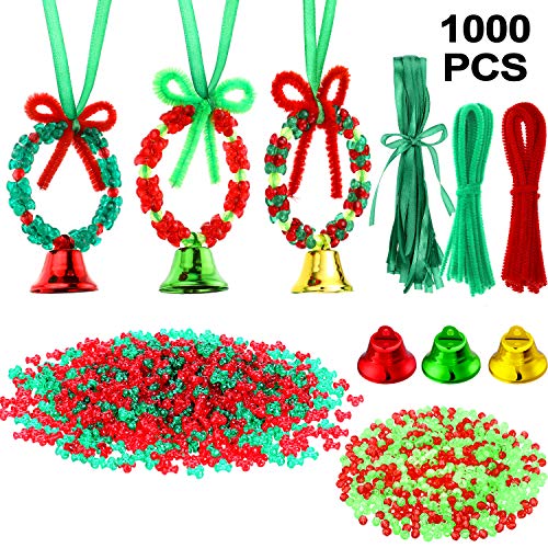 Product Cover 1000 Pieces Tri-Shaped Beads Plastic Tri Beads, 30 Pieces Chenille Stems Pipe Cleaners, Green Ribbons, Red and Green Beads, Bells for Christmas Tree Decorations Party DIY Supplies