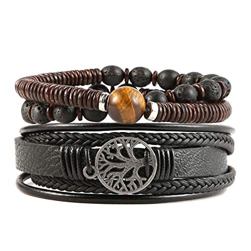 Product Cover HZMAN Genuine Leather Tree of life Bracelets Men Women, Tiger Eye Natural Stone Lava Rock Beads Ethnic Tribal Elastic Bracelets Wristbands