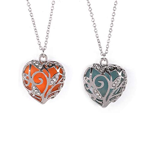 Product Cover 2pcs Glow in Dark Women Necklace Hollow Out Heart Crystal Pendant Luminous Necklaces (Blue+Orange)-YDAN19-8