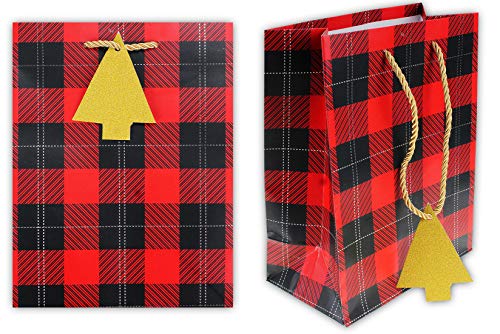Product Cover LPS Christmas Buffalo Plaid Gift Bags with Gold Glitter Christmas Tree Gift Tag - Jumbo Size - Holiday Party Favor Supplies Host Gifts- 12 Pack
