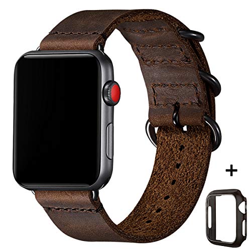 Product Cover Vintage Leather Bands Compatible with Apple Watch Band 38mm 40mm 42mm 44mm,Genuine Leather Retro Strap Compatible for Men Women iWatch Series5 Series 4/3/2/1 (Coffee+Black Connector, 42mm 44mm)