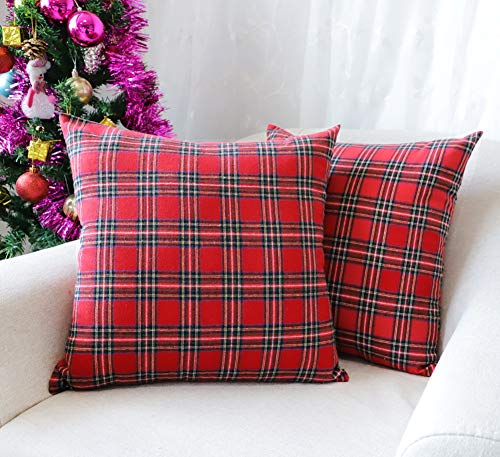 Product Cover 4TH Emotion Set of 2 Christmas Scottish Tartan Plaid Throw Pillow Covers Cushion Case Cotton Polyester for Farmhouse Home Decor Red and Green, 20 x 20 Inches