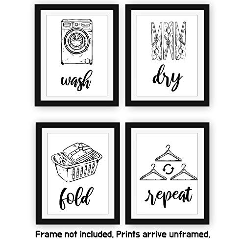 Product Cover Modern 5th - Laundry Room Signs (Set of 4 Unframed - 8 x 10 Inches), Wash Dry Fold Repeat, Typography Wall Art Decor Prints, Black and White Print Unframed