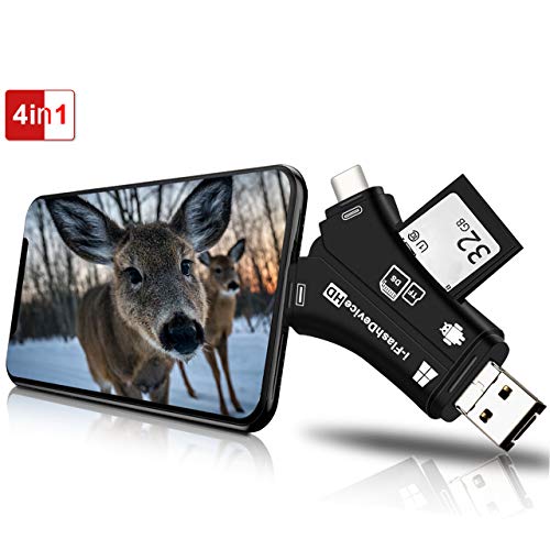 Product Cover Trail Camera Viewer SD Card Reader, 4 in 1 Hunting Deer Camera Memory SD Card Reader to View Wildlife Scouting Game Camera Hunting Photos or Videos on Smartphone for iPhone IPad Mac or Android