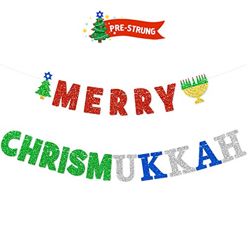 Product Cover Merry Chrismukkah Banner Glittery Christmas Hanukkah Mixed Banner for Two-For-One Chrismukkah Celebrations Happy Chrismukkah Decor Xmas Party Decorations Chanukah Festival Party Supplies Holiday Photo Props