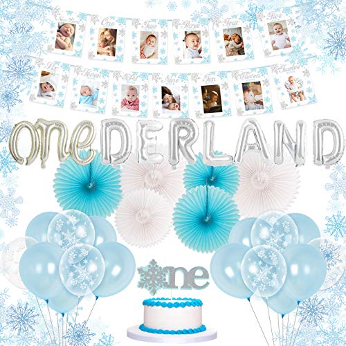 Product Cover Kreatwow Winter Onderland 1st Birthday Decorations Blue Snowflake First Birthday Party Supplies with Snowflake Photo Banner Onderland Balloon