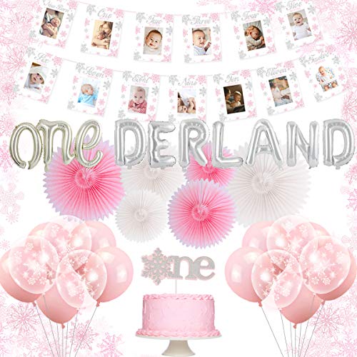 Product Cover KREATWOW Winter Onederland 1st Birthday Decorations Pink Snowflake First Birthday Party Supplies with Snowflake Photo Banner Onderland Balloon