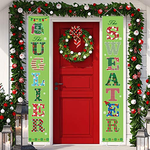 Product Cover 2 Pieces Ugly Sweater Sign Banner Decoration Set for Christmas Wild and Ugly Sweater Party Supplies Holiday Christmas Party Decorations Porch Sign