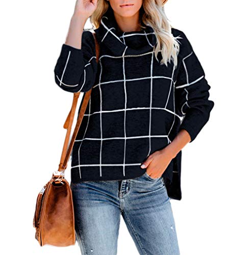 Product Cover HAOAN Women Casual Pullover Sweater Plaid Turtleneck Side Split Loose Knit Jumper Tops