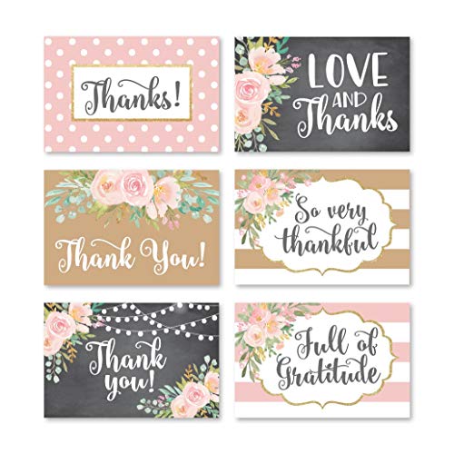 Product Cover 24 Blush Gold Floral Thank You Cards With Envelopes, Great Notes For Adult Funeral Sympathy or Gift Gratitude Supplies For Grad, Birthday, Baby or Chalk Vintage Bridal Wedding Shower For Boy or Girl