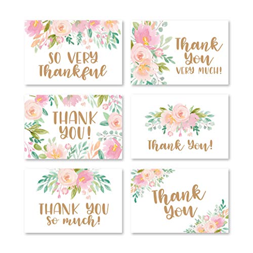 Product Cover 24 Pink Blush Floral Thank You Cards With Envelopes, Great Note For Adult Funeral Sympathy or Gift Gratitude Supplies For Grad, Birthday, Baby or Bridal Wedding Shower Boy or Girl Watercolor Flower