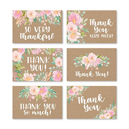 Product Cover 24 Rustic Kraft Floral Thank You Cards With Envelopes, Great Note For Adult Funeral Sympathy or Gift Gratitude Supplies For Grad, Birthday, Baby or Vintage Flower Bridal Wedding Shower For Boy or Girl