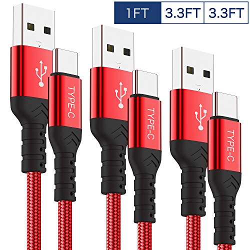 Product Cover Short USB C Cable,3-Pack(1ft+2x3ft) USB Type C Charger Nylon Braided Fast Charging Cord Compatible Samsung Galaxy S10+ S9 S8 Plus,Note 9 8,LG G5 G6 G7 V35,Google Pixel,Moto Z2 Z3,Power Bank(Red)
