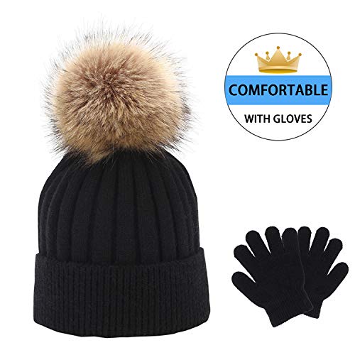 Product Cover BZ Winter Pom Pom Beanie Hat with Pom Warm Knit Skull Cap Beanie Gloves for Girl and Boy Pom Pom Beanie Gloves Black