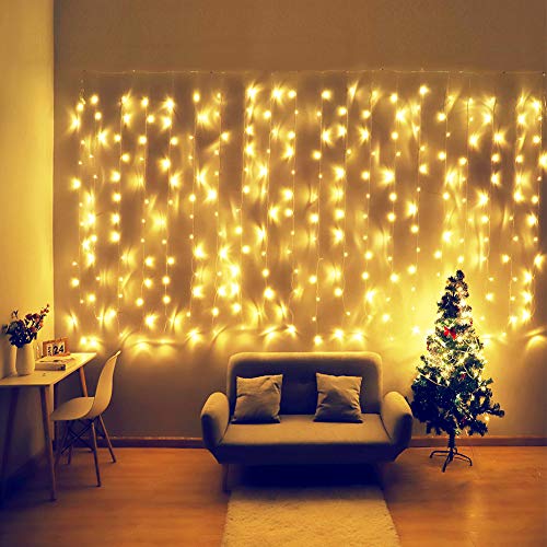 Product Cover Fiee Curtain Lights,13ftx6.5ft Safety Window Curtain Icicle String Lights with Memory 30V 8 Modes for Christmas Wedding Party Family Patio Lawn Decoration(Warm White)