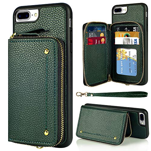 Product Cover LAMEEKU Wallet Case for iPhone 7 Plus and 8 Plus, Zipper Leather Case with Credit Card Holder Slot Wrist Strap, Anti-Scratch Shock Protective Cover Case for iPhone 7 Plus / 8 Plus 5.5''-Midnight Green