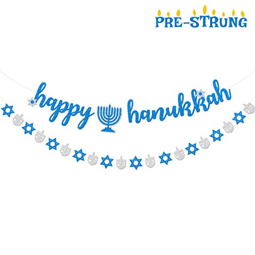 Product Cover Happy Hanukkah Decorations Banner Chanukah Festival Party Decorations Silver Blue Glitter