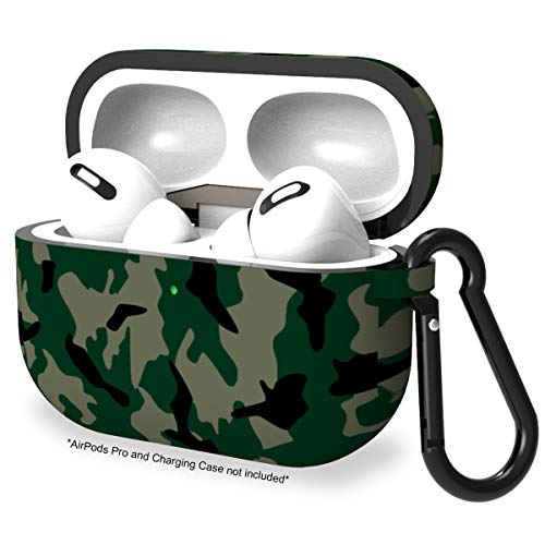Product Cover JOSMax Soft Slim Silicone Case Cover for AirPods Pro [Front LED Visible] Anti-Lost & Shockproof Easy Carrying Skin Protective Case with Carabiner for AirPods Pro [2019 Release] - Green Camouflage