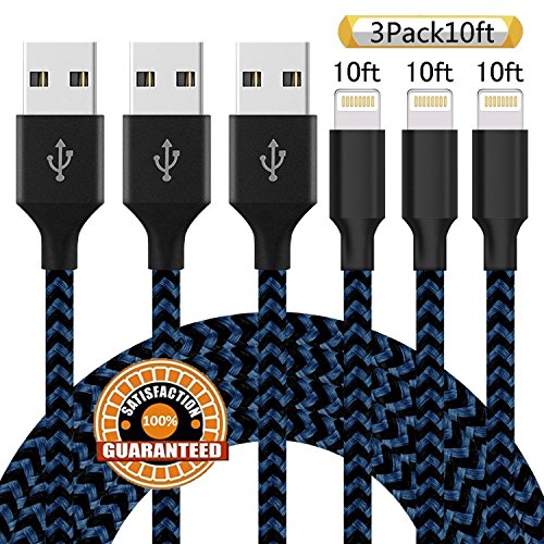 Product Cover iPhone Charger,Suanna MFi Certified Lightning Cable 3 Pack 10FT Extra Long Nylon Braided USB Charging & Syncing Cord Compatible iPhone Xs/Max/XR/X/8/8Plus/7/7Plus/6S/6S Plus/SE/iPad/Nan - Black Blue