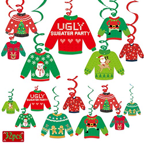 Product Cover Ugly Christmas Sweater Party Hanging Swirl Decorations 32 Ct Tacky Christmas Sweater Hanging Ceiling Spirals Decor for Christmas Party Decorations Wintertime Holiday Gathering Office Xmas Party