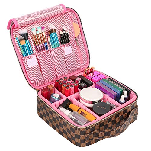 Product Cover SSSCase Travel Makeup Bag Cute Cosmetic Case Professional Train Case Large Make Up Box Storage Organizer with Brush Slots, Removable Inserts, Hard Shell for Women Girls, Brown & Pink