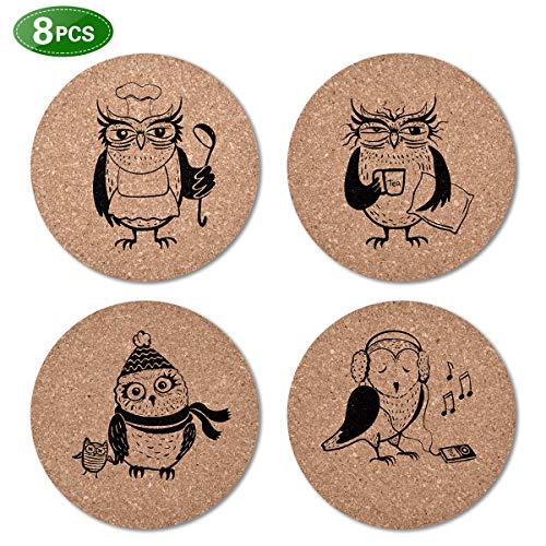 Product Cover OakMethod 8 Pack Cork Coasters,4 Kinds of Owl Drink Coasters with Round Edge-4 inches Wide and Heat Resistant,Great for Cold & Hot Drinks, Wine Glasses, Plants Cups & Mugs