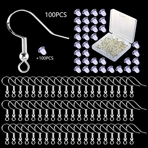 Product Cover 100pcs/50 Pairs 925 Silver Earring Wires Fish Hooks French Earring Jewelry Making Findings Earring Parts 100 PCS Earring Safety Backs for DIY with Box