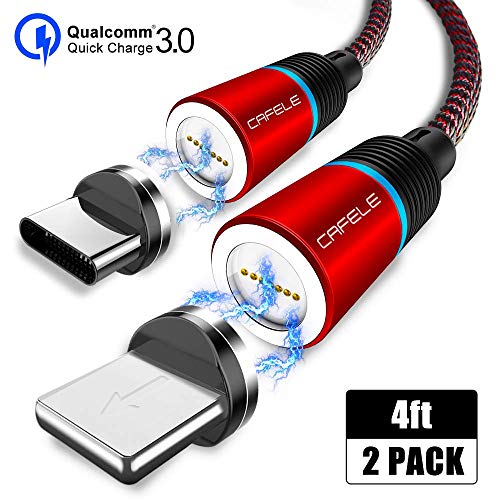 Product Cover Magnetic Charging Cable, CAFELE [2-Pack 4ft] 2 in 1 Magnetic Phone Charger USB Type C Cable LED Light, Nylon Braided 3.0A Support QC 3.0 Fast Charging Data Sync Cord for iOS Type-c Devices - Red