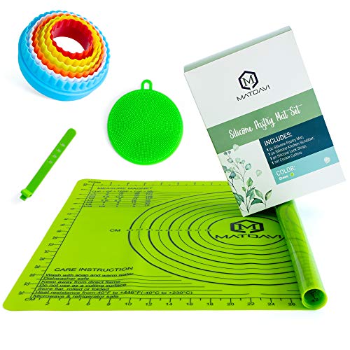 Product Cover Silicone Baking Mat with Measurements Set - Non-Stick Silicone Dough Liner Pad Kneading for Rolling Pastry - Heat Resistant Reusable Silicone Board Kitchen Scrubber Cookie Cutters Silicone Lock Strap
