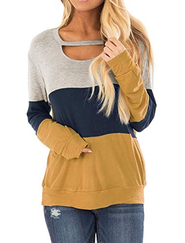 Product Cover Anbech Color Block Tops for Women Cutout Long Sleeve Shirts Casual Loose Tunic Blouse