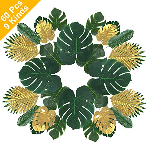 Product Cover Outgeek Artificial Tropical Palm Leaves Faux Monstera Leaves with Stems 60 Pcs 9 Kinds Simulation Tropical Plant Hawaiian Luau Party Safari Decorations Tropical Party Jungle Beach Theme Supplies
