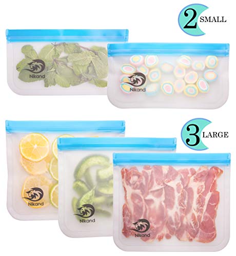 Product Cover Reusable Storage Bags - 5 Pack BPA Freezer Food Container Ziplock for Sous Vide Liquid Lunch Snack Sandwich Fruits Silicon Bag Zip Lock Size Gallon Large Silicone Plastic Conteiner (White-5)