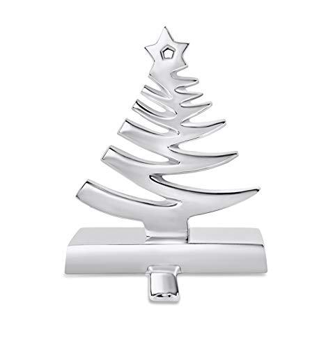 Product Cover BIRDROCK HOME Whimsical Tree Stocking Holder for Mantle - Holiday Christmas Decorations - Hanger for Stockings - Hooks Fireplace Topper Stairs - Steel Decorative Christmas Tree - Heavy Stand - Silver