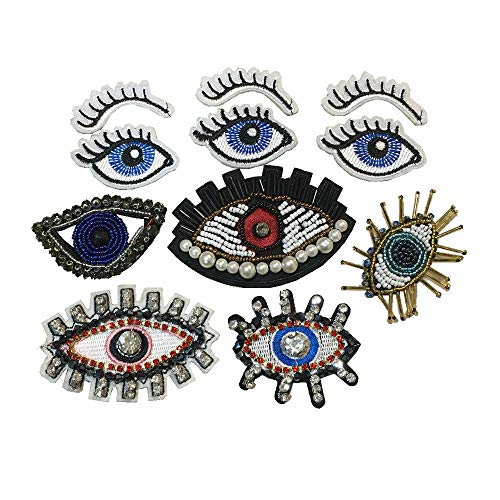 Product Cover 11Pcs Love Large Sequin Heart Evil Eyes Patch No Glue Cartoon Motif Applique Embroidery Garment Accessory (Eyes D)