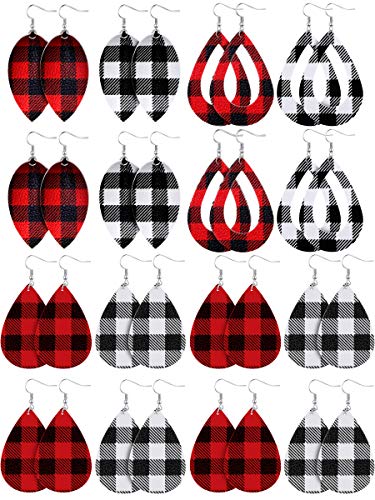 Product Cover 16 Pairs Lumberjack Plaid Earrings Faux Leather Checkered Racing Earrings Dangle Earrings Teardrop Leaf Hollow Drop Earrings (Black and Red, Black and White)