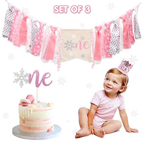 Product Cover Winter Onederland Highchair Banner, Snowflake One Cake Topper Pink & Silver Crown Hat For Baby Girls Winter First Birthday Party Decorations
