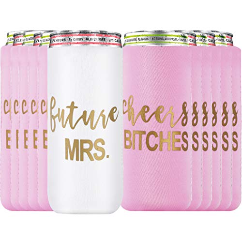 Product Cover Bachelorette Party Favors Slim Can Cooler Sleeve (12-PCS), Hand-sewed Premium Quality, Engagement Bridal Wedding Party Gift, Beer Cans Insulators Skinny Coolie for White Claw and more (Bachelorette)