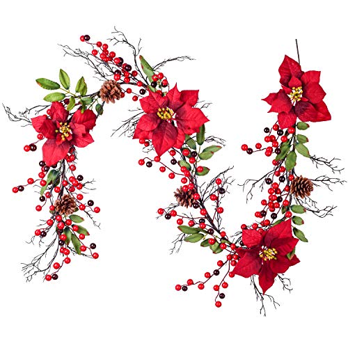 Product Cover Artiflr Berry Christmas Garland, 5.3 Ft Artificial Poinsettia Garland with Red Berries and Holly Leaves, Pine Cone Garland for Christmas Holiday Party Decorations