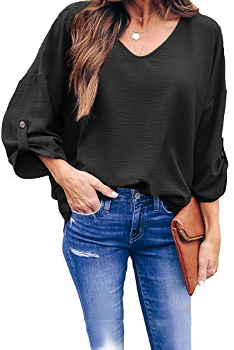Product Cover Urchics Womens Casual Loose Roll-Up 3/4 Sleeve Plus Size Shirts Blouse Tops Black L
