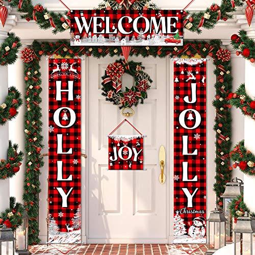 Product Cover 4 Pieces Christmas Plaid Porch Sign Holly and Jolly Banner Welcome Hanging Sign with Snowflake Reindeer Snowman Tree Pattern for Christmas Indoor Outdoor Decorations