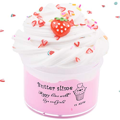 Product Cover HappyTimeSlime Soft Fluffy Slime with Charm,Multicolor Butter Slimes and Stretched and Non-Sticky, Stress Relief Toy Scented DIY Putty Sludge Toy for Girls and Boys(7oz) 200ML (Pink+White)